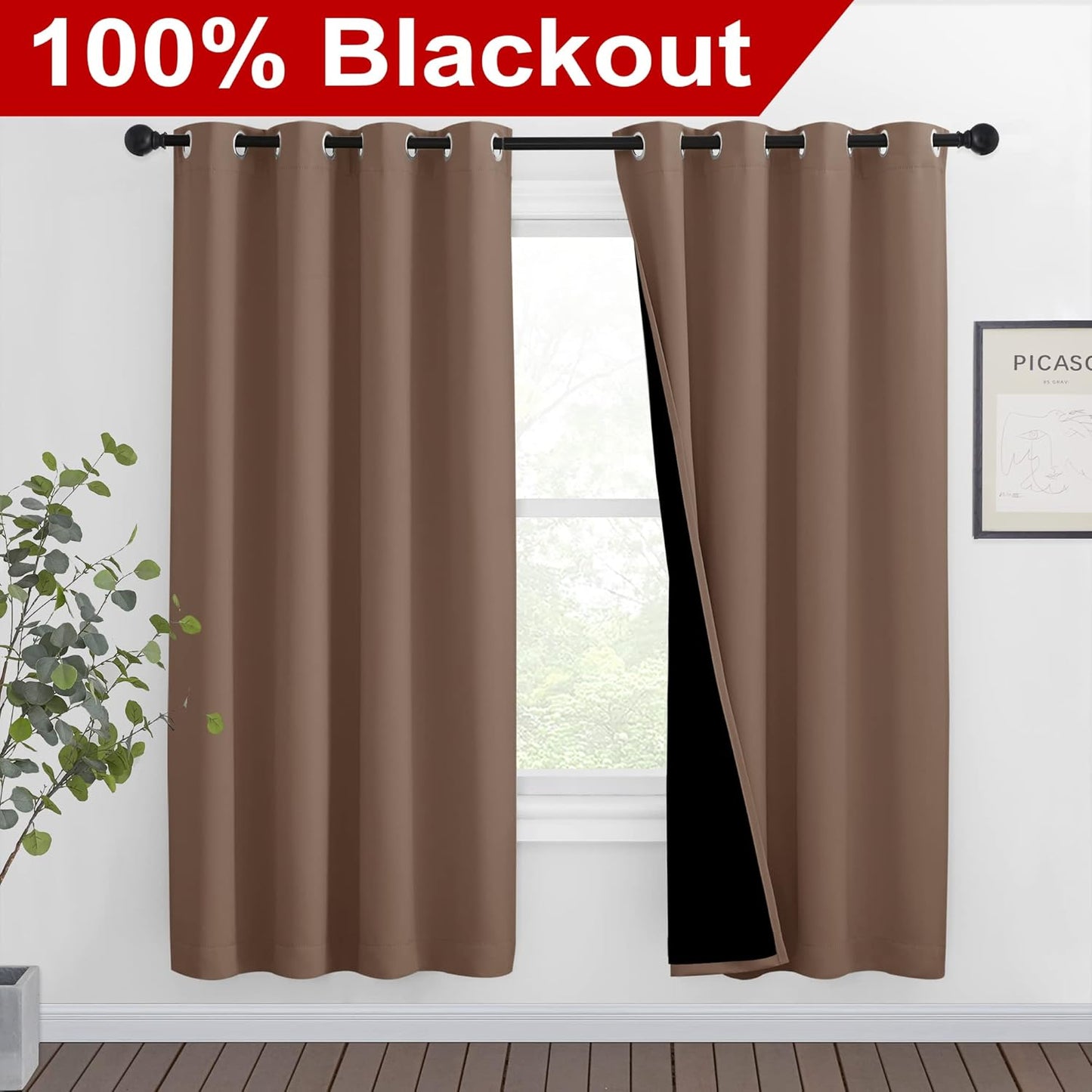 NICETOWN Living Room Completely Shaded Draperies, Privacy Protection & Noise Reducing Ring Top Drapes, Black Lined Insulated Window Treatment Curtain Panels(Cappuccino, 2 Pieces, W46 x L72)