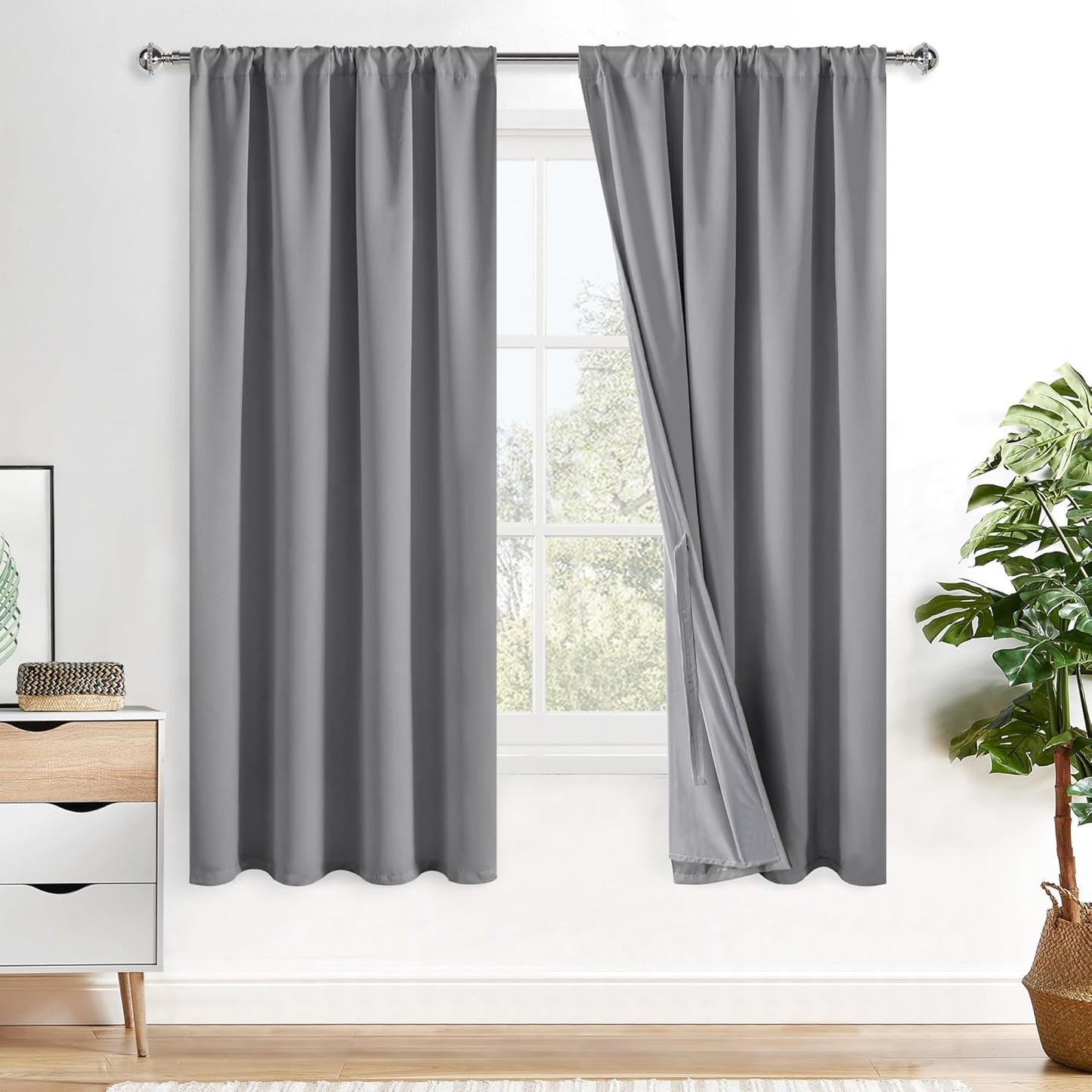 XWZO Complete Blackout Window Curtain Panels with Tiebacks- Rod Pocket Noise Reduction and Light Blocking Grommet Curtains with Black Liner for Studio, Basement Room, Grey, W52 x L54, Set of 2