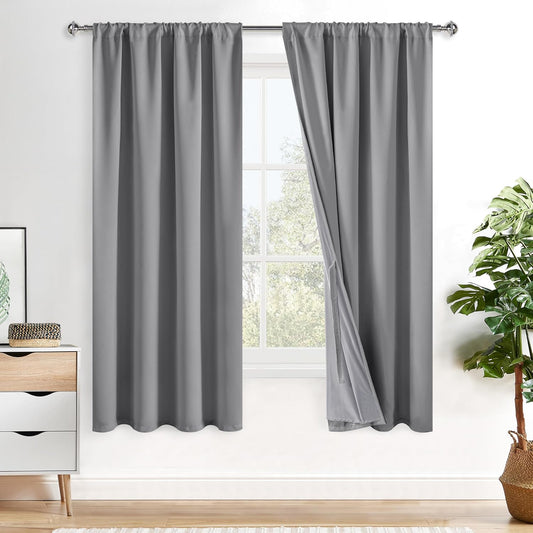 XWZO Complete Blackout Window Curtain Panels with Tiebacks- Rod Pocket Noise Reduction and Light Blocking Grommet Curtains with Black Liner for Studio, Basement Room, Grey, W52 x L54, Set of 2