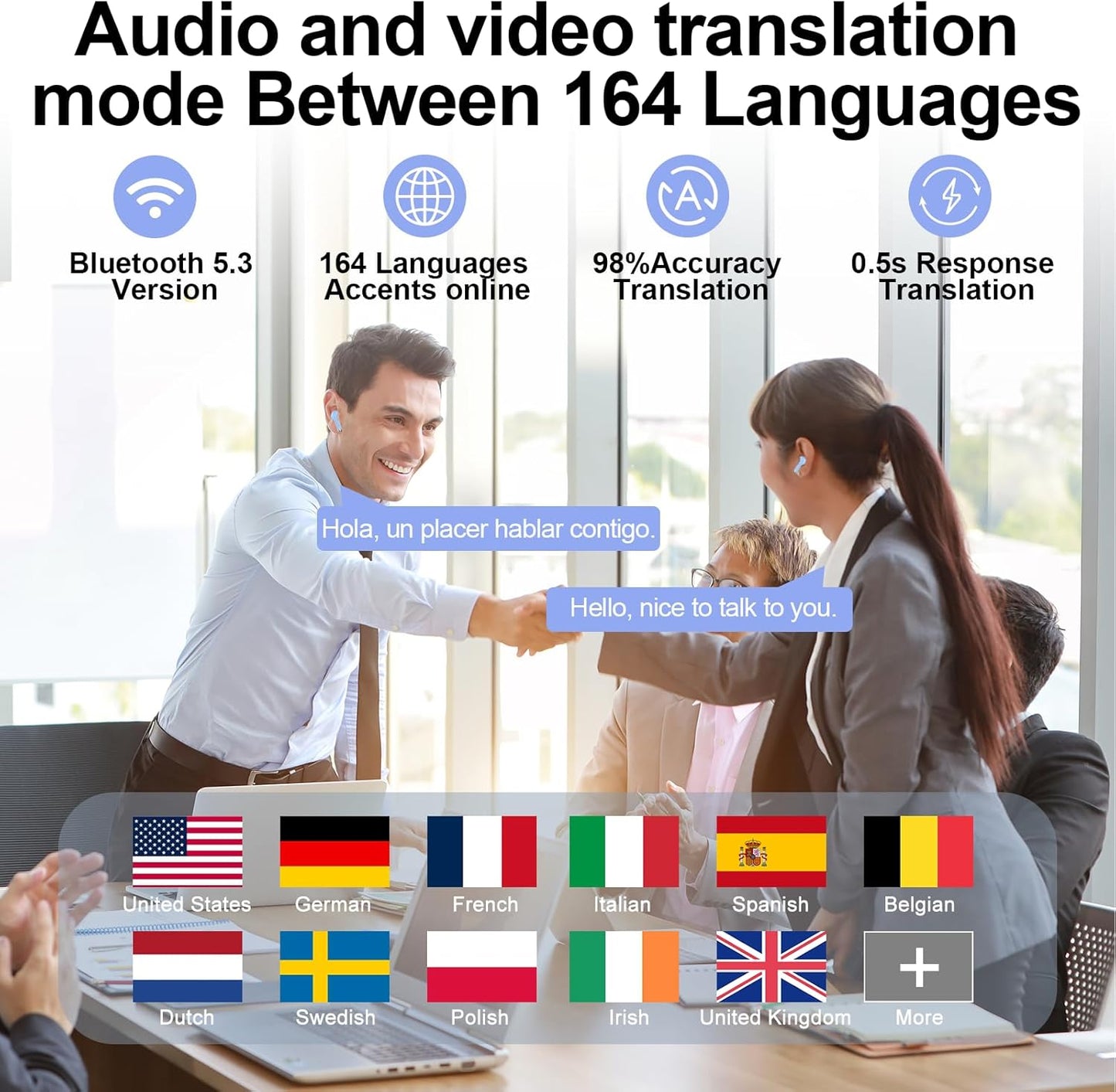 AI Translation Earbuds Real Time with Audio and Video Calls, 3-in-1 Language Translator Earbuds Support 164 Languages and 7 Translation Modes, 32H Buletooth 5.3 Headphones with Mic, Blue