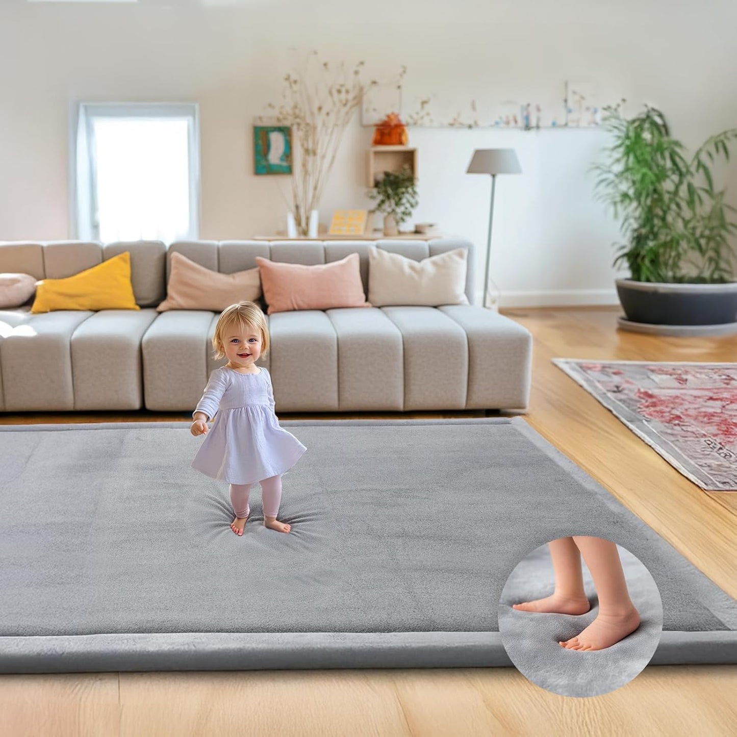 Large Thick 1.3" Thick Baby Play Mat for Floor, Padded Foam 79x71 Playpen Mat for Tummy Time, Soft Velvet for Babies, Toddlers, Infants, Kids, Baby-Safe & Non-Slip for Crawling, Gray
