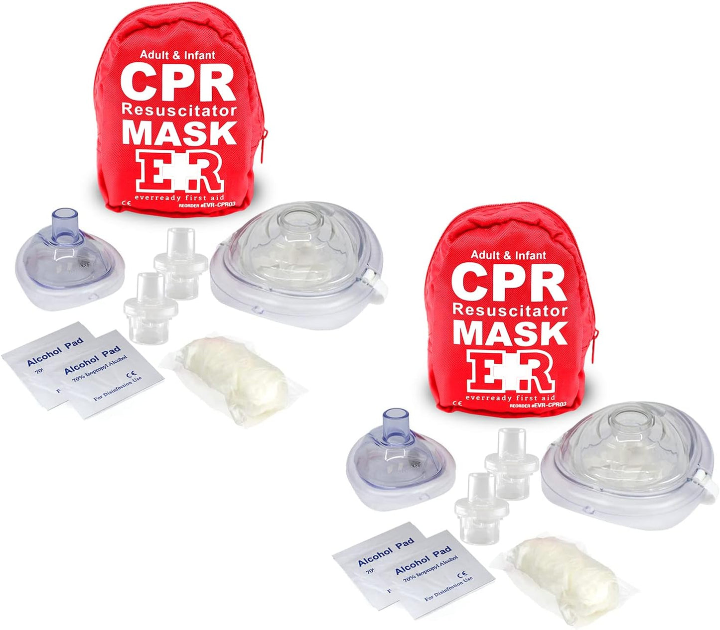 Ever Ready First Aid Adult and Infant CPR Mask Combo Kit with 2 Valves with Pair of Vinyl Gloves & 2 Alcohol Prep Pads - Red (2)