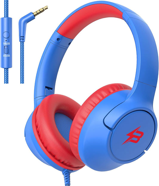 Kids Headphones for School, 85/94 dB Volume Limit, Wired Over Ear Headphones for Kids Boys Girls with Microphone, Foldable Stereo Sound 3.5mm Wired Cord for Kindle Tablet Airplane Travel, Blue