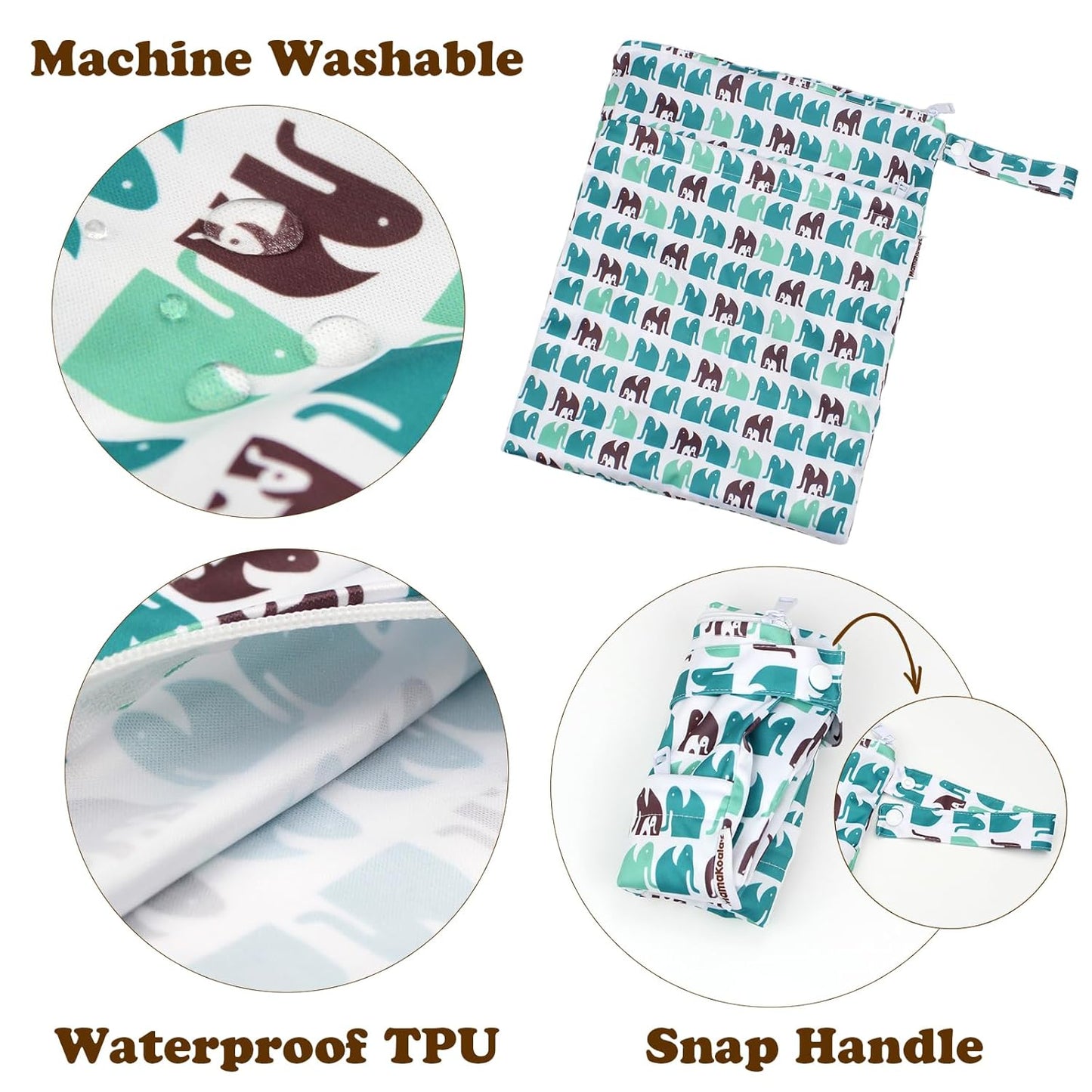 Mama Koala Waterproof Wet Dry Bags for Baby Items, Cloth Diapers, Swimsuits, Travel, Gym Clothes, Beach, Pump Parts, Toiletries, Two Zippered Pockets, 2 Pack (W022)