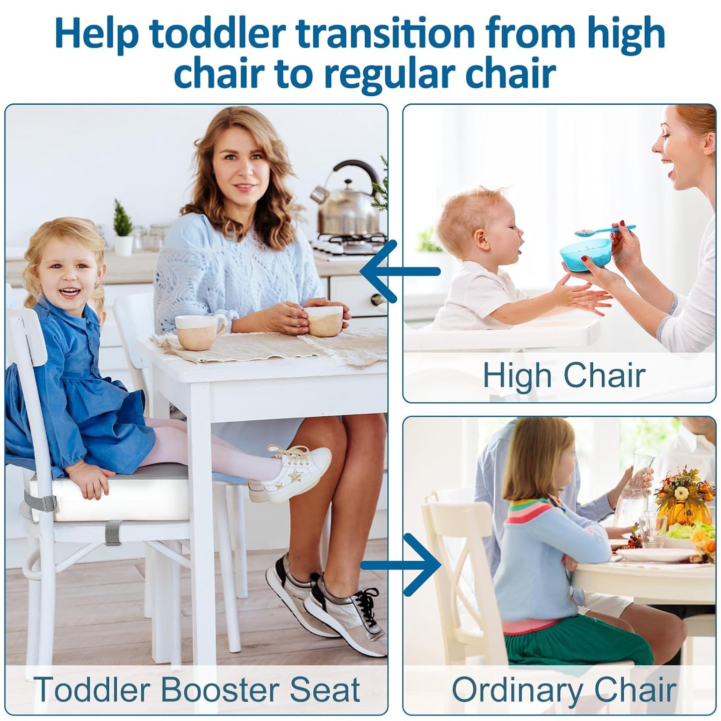 Toddler Booster Seat for Dining Table Chair,Non-Slip Bottom Baby Kid Booster Seat for Dining Table,2 Adjustable Straps,Portable Booster Seat for Table Travel Booster Seat for Toddler(Grey+White)