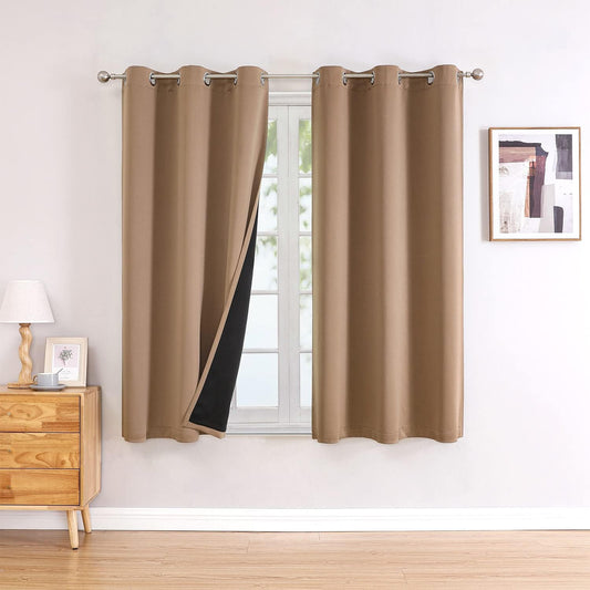 ChrisDowa 100% Blackout Curtains for Bedroom with Black Liner, 2 Thick Layers Total Blackout Thermal Insulated Grommet Small Window Curtains 2 Panels Set (Cappuccino, 42 x 54 Inch)