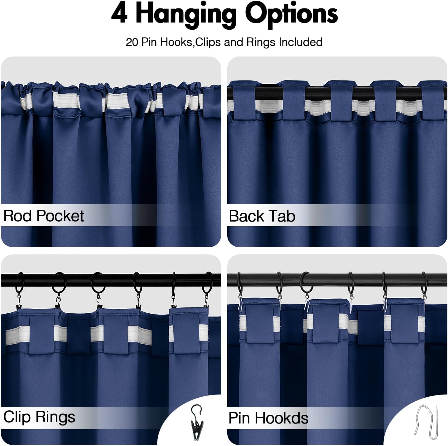 ANRODUO Back Tab Blackout Curtains for Bedroom Living Room, Rod Pocket Pinch Pleated Thermal Insulated Room Darkening Curtains 90 Inches Long 2 Panels, Navy Blue, 42 x 90 Inch
