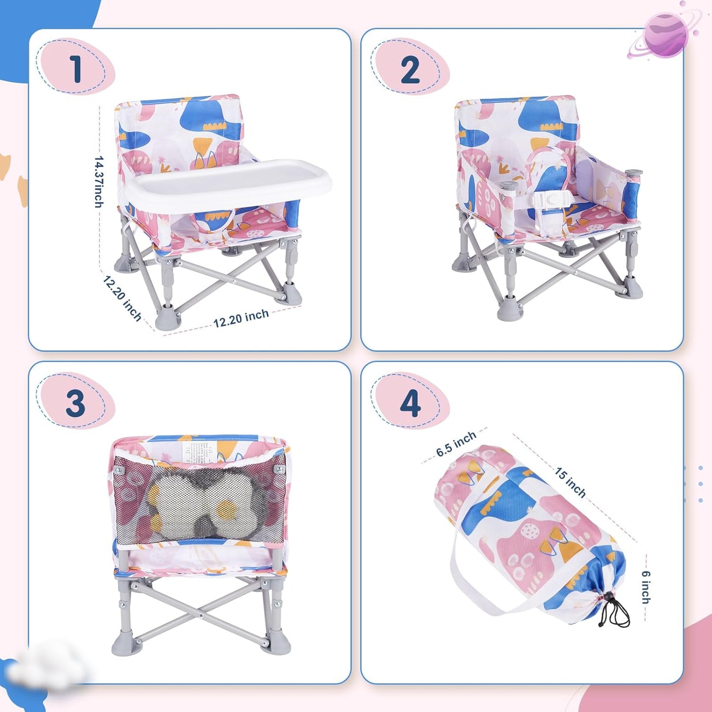 Portable Baby Booster Seat with Tray, Toddler Booster seat for Dining, Camping, Travel, Baby Beach Chair 6 Months to 3 Years Old Indoor Outdoor Use CH2408