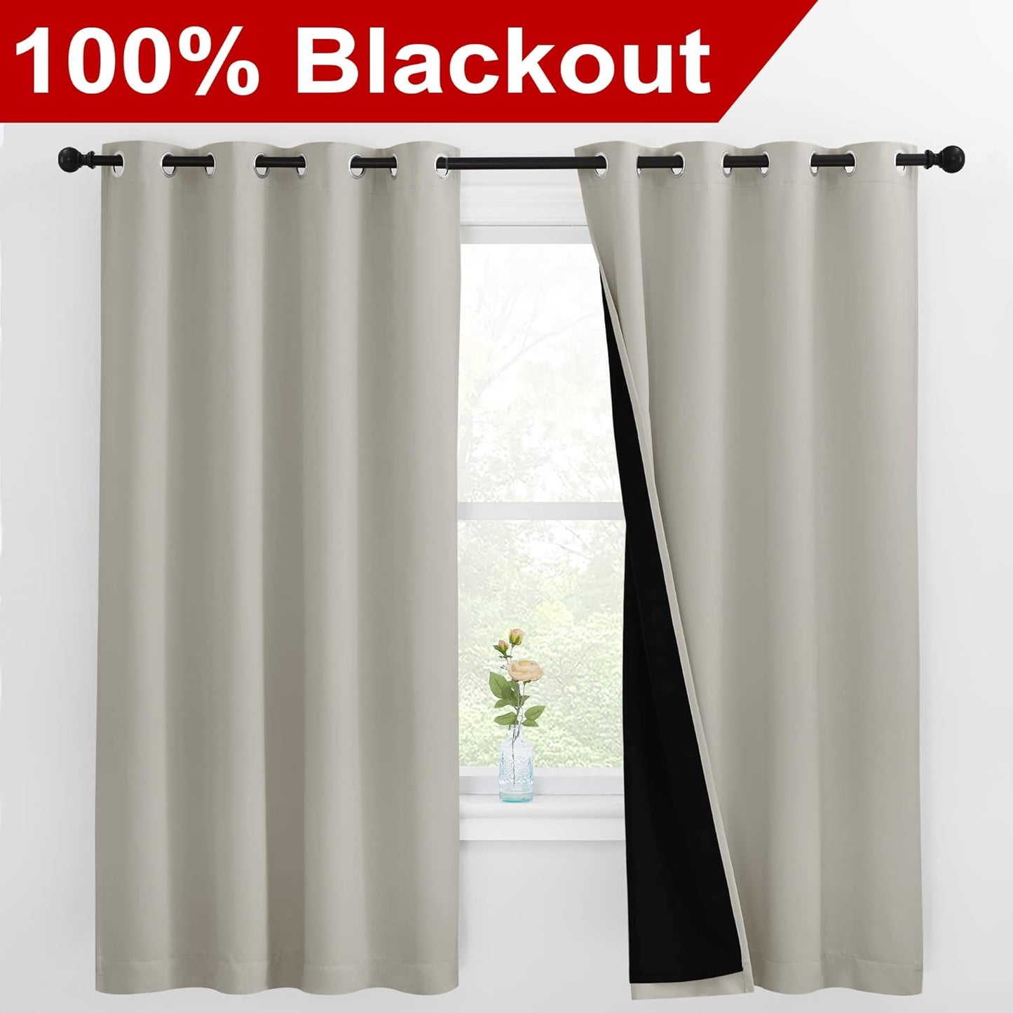 NICETOWN Natural 100% Blackout Lined Curtains, 2 Thick Layers Completely Blackout Window Treatment Thermal Insulated Drapes for Kitchen/Bedroom (1 Pair, 55 inches Width x 68 inches Length Each Panel)