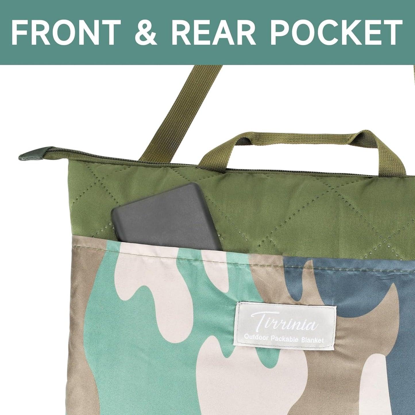 Solaris Waterproof Picnic Blanket, Lightweight 50” x 60” Foldable Sandproof Beach Blanket with Large Pocket, Portable Outdoor Camping Blanket Great Couples Gift Ideas, Green Camo