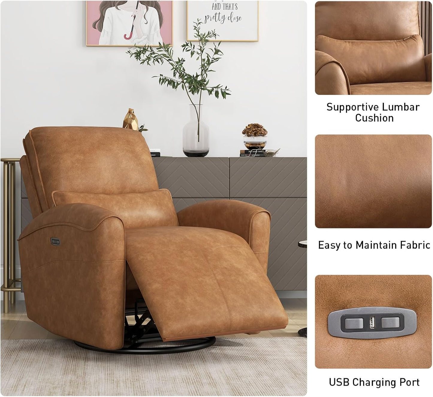 Bonzy Home Power Swivel Rocker Recliner Chair with USB Port, 23.2" Wide Seat, Fixed Lumbar Support, Upholstered Glider Chair for Nursery Living Room, Brown