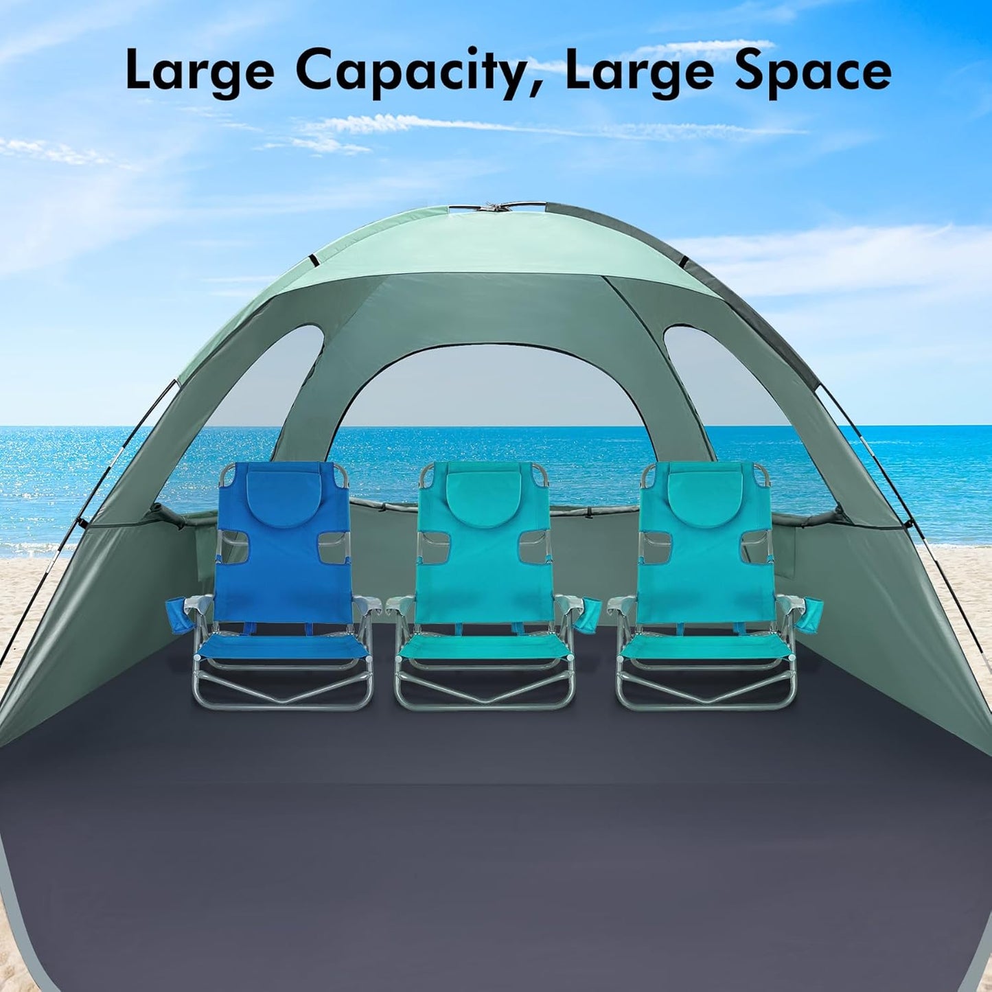 WhiteFang Beach Tent Anti-UV Portable Sun Shade Shelter for 3/4/6/8 Person, Extendable Floor with 3 Ventilating Mesh Windows Plus Carrying Bag, Stakes and Guy Lines