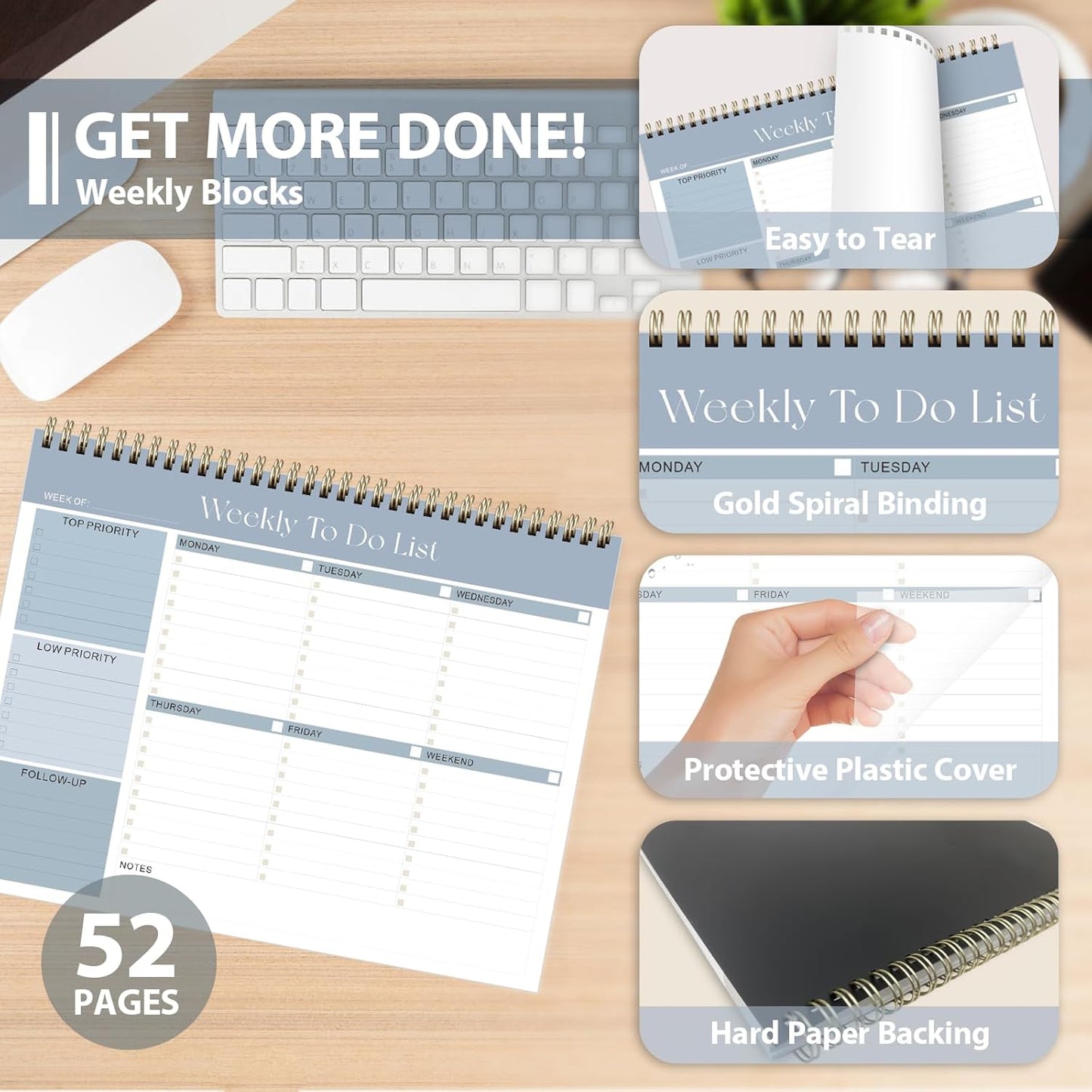 Weekly To Do List Notepad, Undated Planner with 52 Sheets (8.5''x11''), Desk Weekly Planner for Women & Man, Home School & Work (B-Blue)