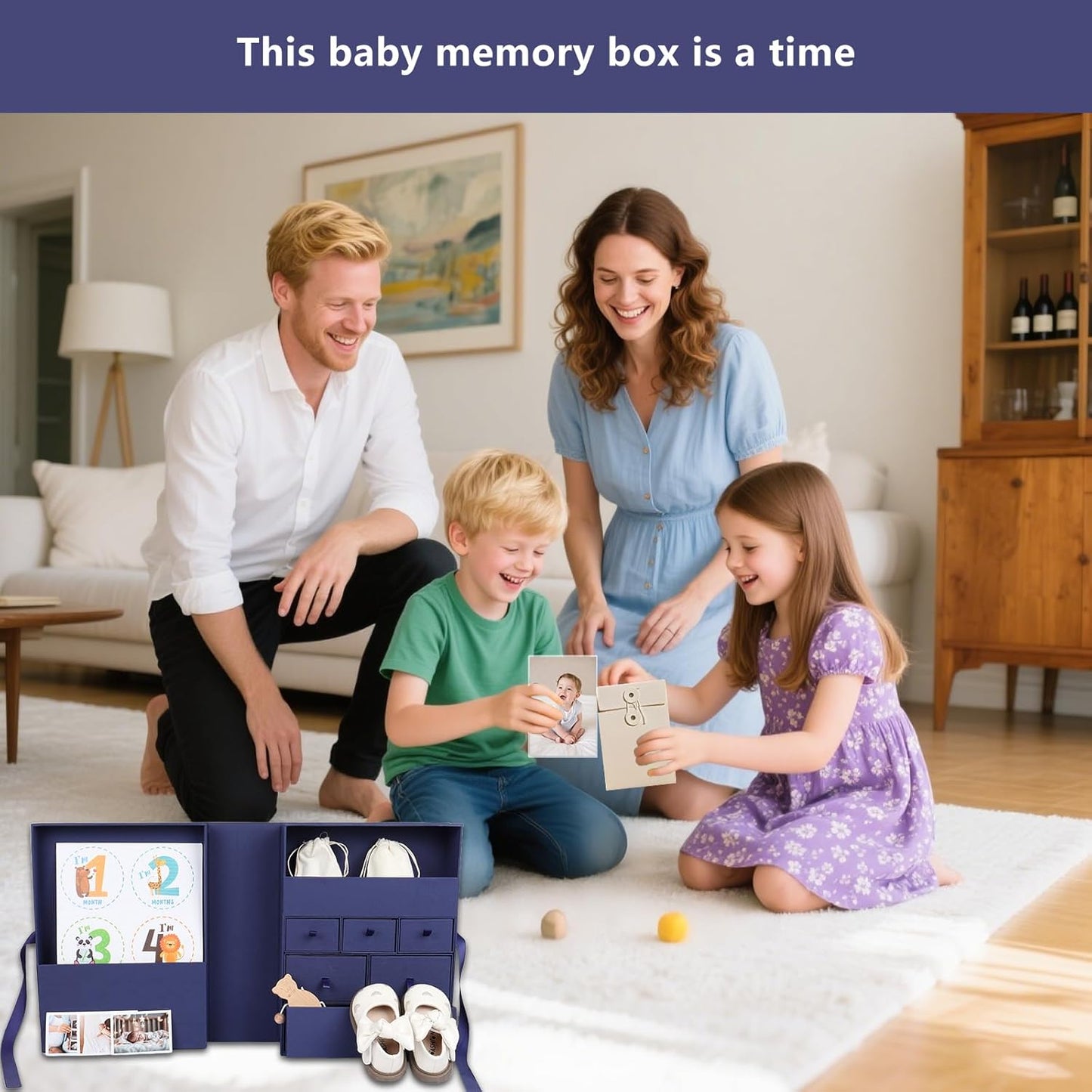 Memory Box for Kids,Baby Keepsake Box, Large Memory Box Drawer-Style Design with 8 Additional Items,Newborn Keepsake Box for Baby Girl & Boy,Gift for Baby Shower, Expecting Moms (Blue)