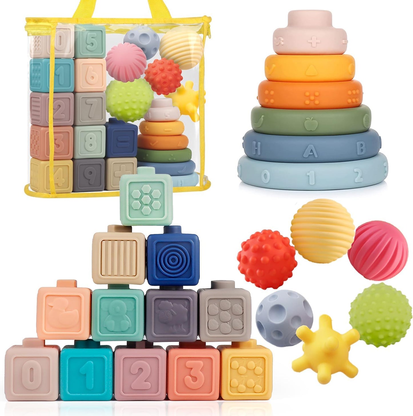 Montessori Toys Soft Stacking Building Blocks Rings Balls Sets 3 in 1 Baby Toys Bundle for Babies 6-12 Months Sensory for Toddlers 1-3 Teething Bath for Infants Learning Toy