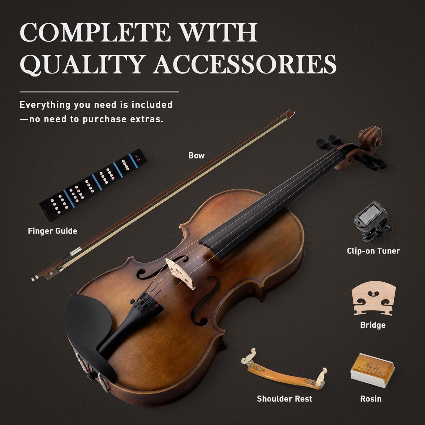 SONICAKE Violin 4/4 Full Size Set, Fiddle Solidwood for Beginners Adults, Acoustic Violin with Hard Case, Shoulder Rest, Rosin, Two Bows, Clip-on Tuner and Extra Strings, QVL-01