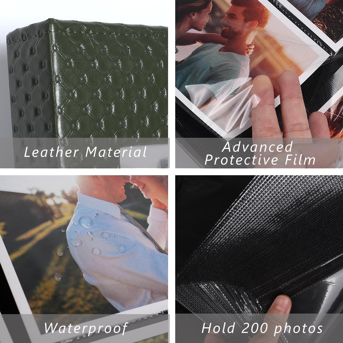 RECUTMS 200 Pocket Photo Album 4x6 Small PU Leather Cover Wedding Family Baby Anniversary Graduation Travel Personalized Photo Book (Dark Green)