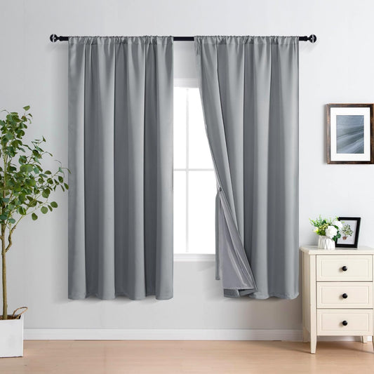 XWZO Total Blackout Curtains 63 Inches Long - Double Layer Full Room Darkening & Energy Efficiency Rod Pocket Window Panels with Tiebacks for Living Room/Bedroom, Grey, W52 x L63, Set of 2
