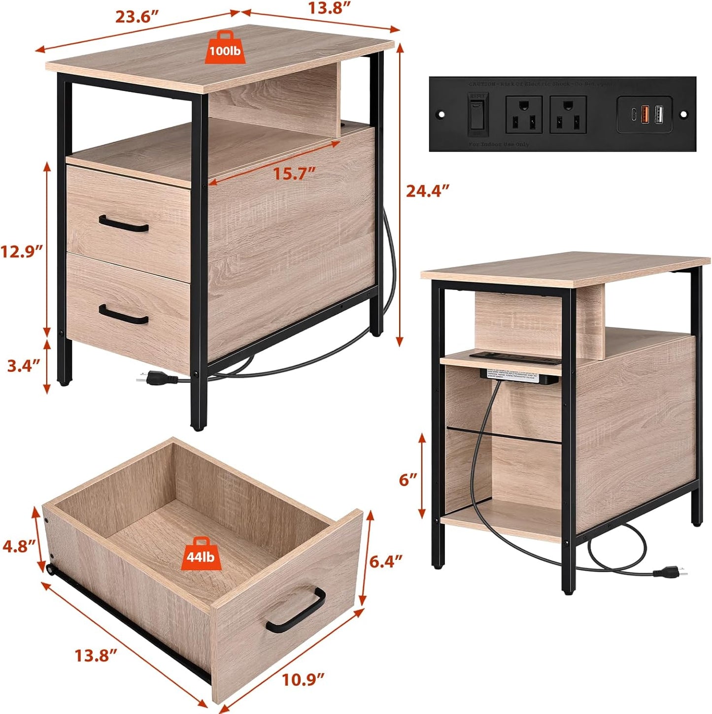 Side Tables with Charging Station, Narrow End Table with 2 Wooden Drawers, USB Ports and Power Outlets, Narrow Nightstand and Bedside Table, Side Tables Living Room, Bedroom, Greige