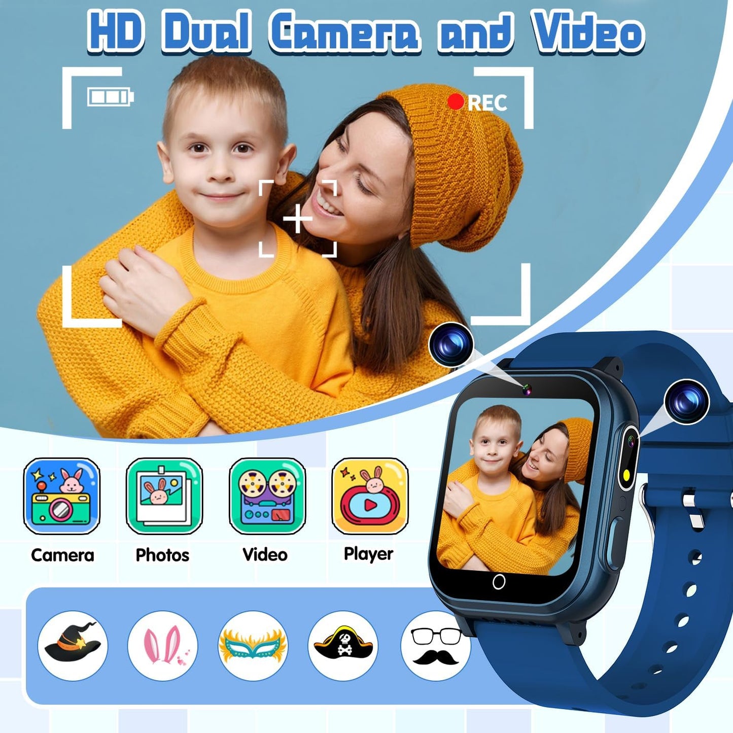 Kids Smart Watch Gift for Boys Ages 3-12, IP67 Waterproof, 32 Puzzle Games, HD Touchscreen Dual Camera Vedio Pedometer Music Player, Kids Watch Toy Birthday Gifts for Boys Ages 5 6 7 8 9 10 (Blue)