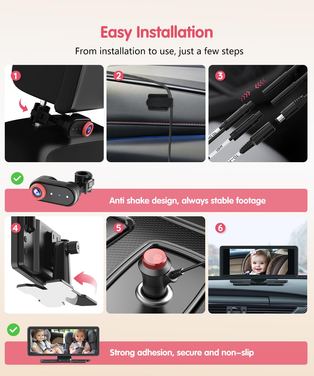 BM5PRO 7.2" Dual Camera Baby Monitor, 1080P HD Display for 2 Kids, Night Vision, Easy Install Car Baby Monitor, Ideal Gift, Rear Seat Safety for Babies & Pets