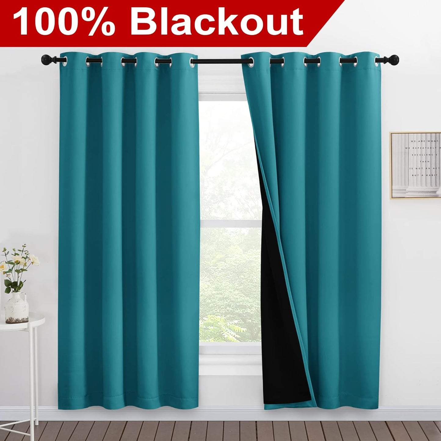 NICETOWN 100% Blackout Window Curtain Panels, Full Light Blocking Drapes with Black Liner for Nursery, 78-inch Drop Thermal Insulated Draperies (Peacock Teal, 2 Pieces, 55-inch Wide Per Panel)
