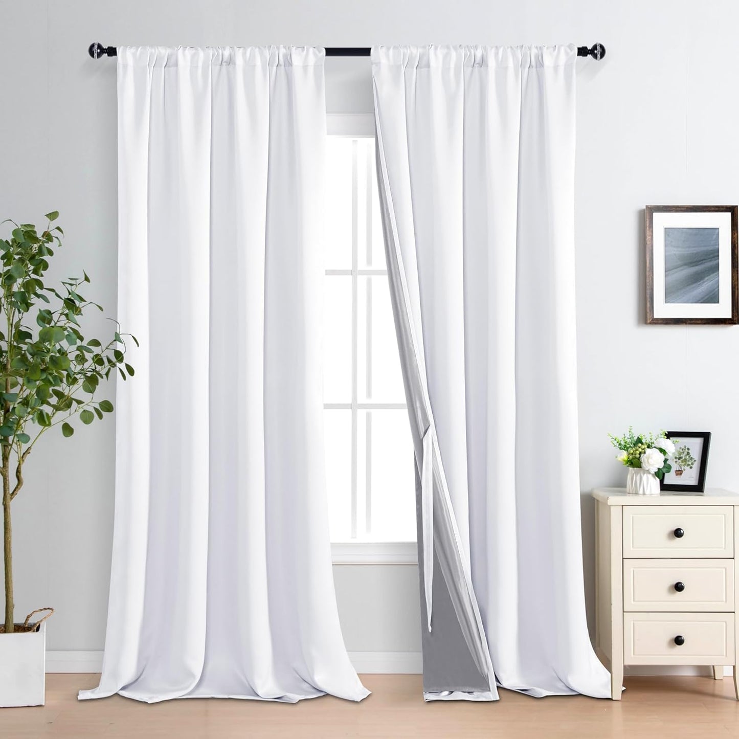 XWZO 100% Blackout Curtain Panels - Rod Pocket Thermal Insulated Black Liner Curtains, Noise Reducing and Heat Blocking Drapes for Hall and Studio Windows with Tiebacks, White, W52 x L95, Set of 2