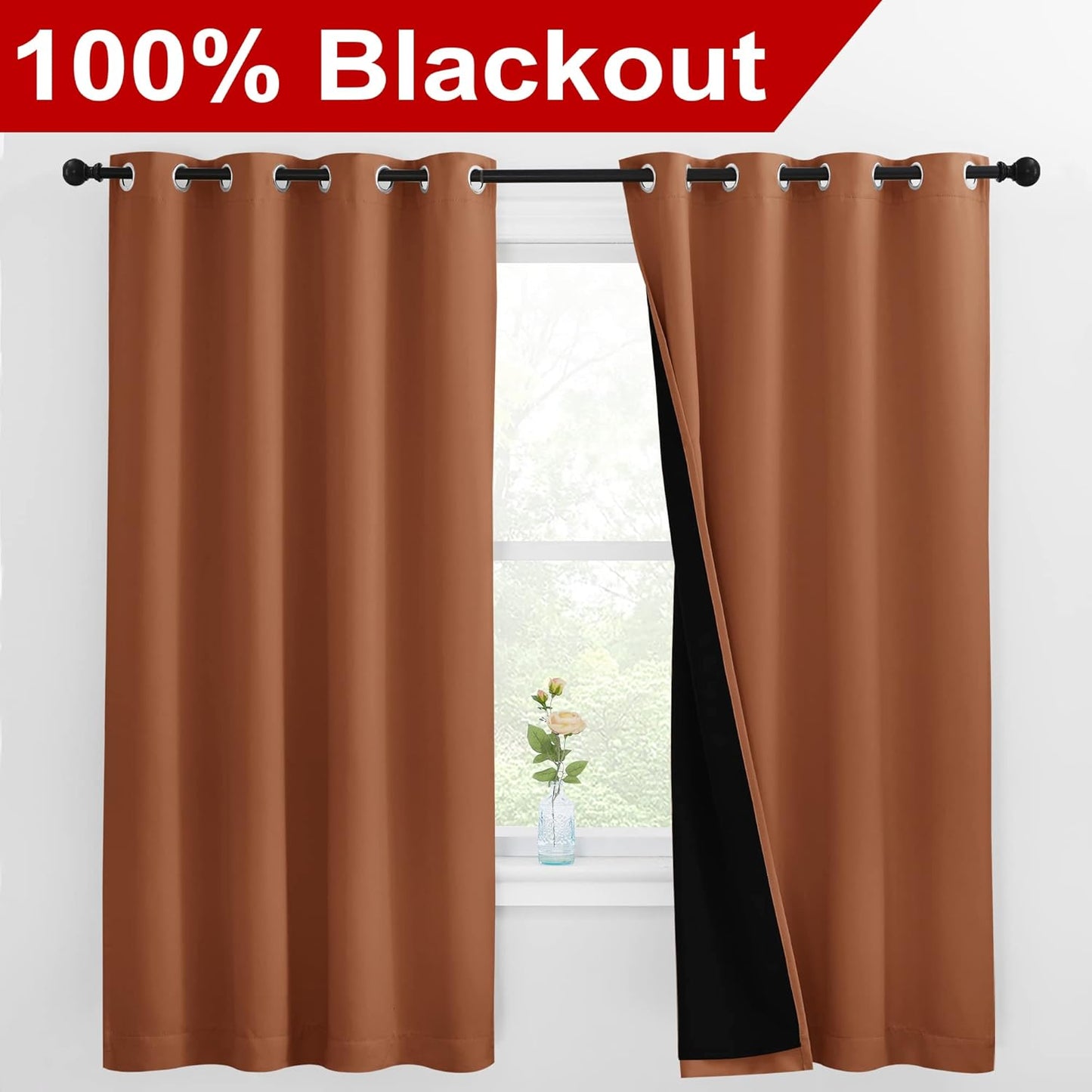 NICETOWN Burnt Orange 100% Blackout Lined Curtains, 2 Thick Layers Completely Blackout Window Treatment Thermal Insulated Drapes for Kitchen/Bedroom (1 Pair, 55-inch Width x 68-inch Length per Panel)