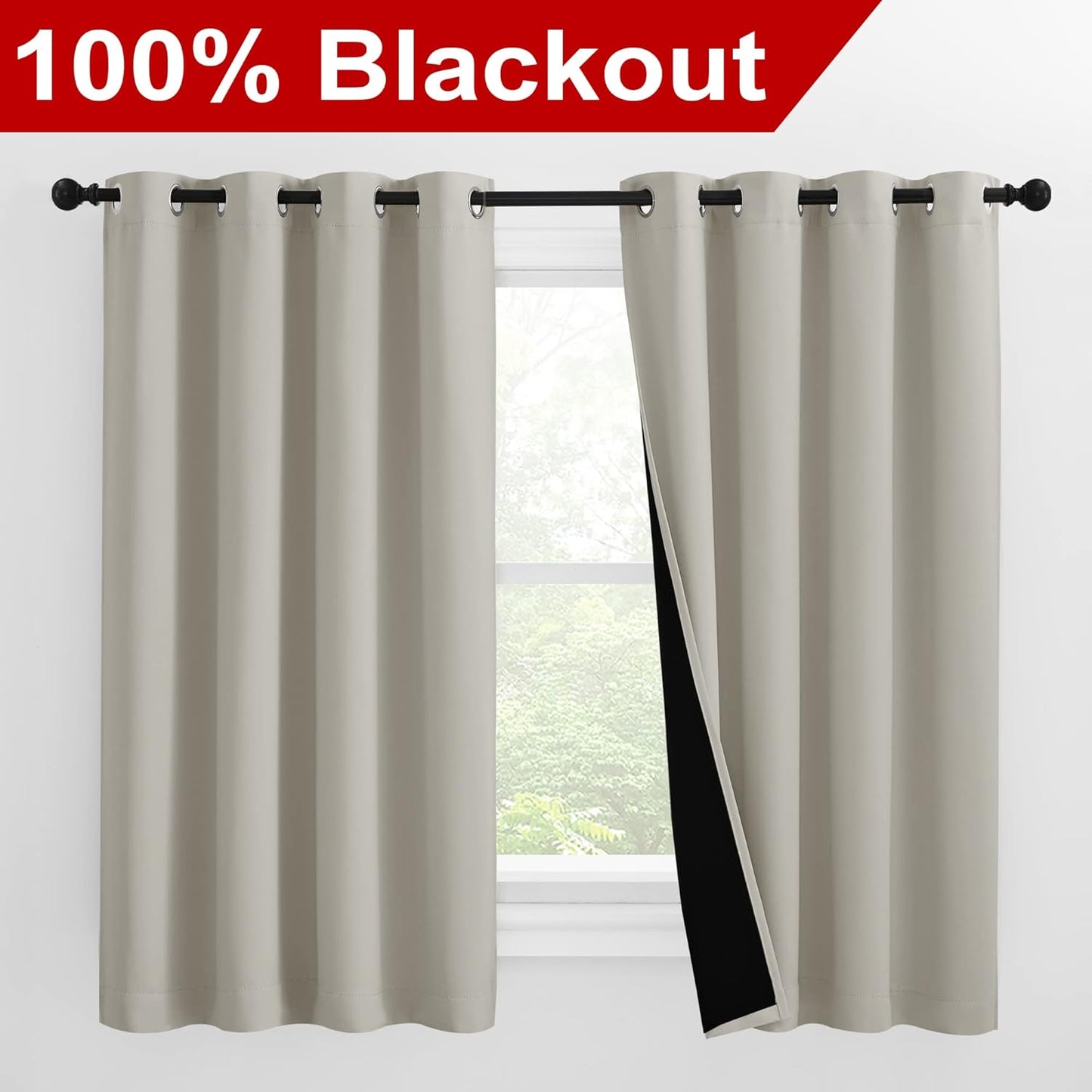 NICETOWN 100% Blackout Curtains 57 inches Long, Double-Deck Completely Blackout Window Treatment Thermal Insulated Lined Drapes for Small Window (Natural, 1 Pair, 55 inches Width Each Panel)