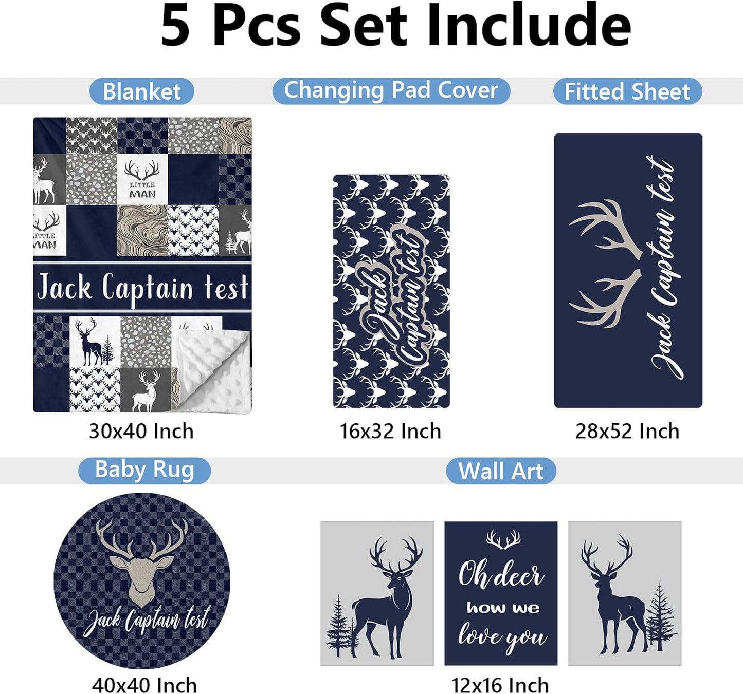 Personalized Baby Bedding Set, 5 Pcs Custom Name Crib Bedding Set, Double Layer Blue Nursery Bedding Set for Baby Boys, Woodland Deer Baby Crib Set, Gifts for Toddlers Infants New Parents