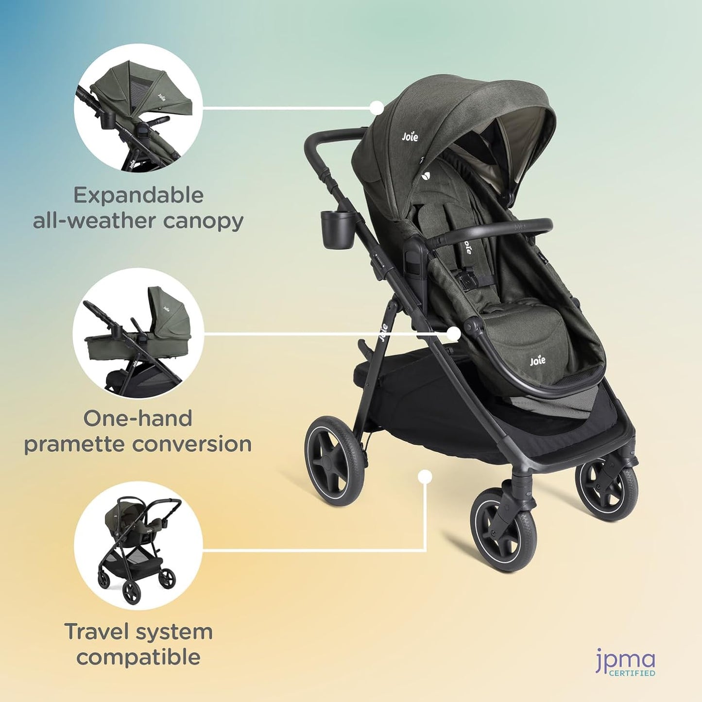Joie Ginger LX 4-in-1 One-Hand Pramette Stroller - Convertible Pramette & Stroller, Newborn to Toddler (Dove)