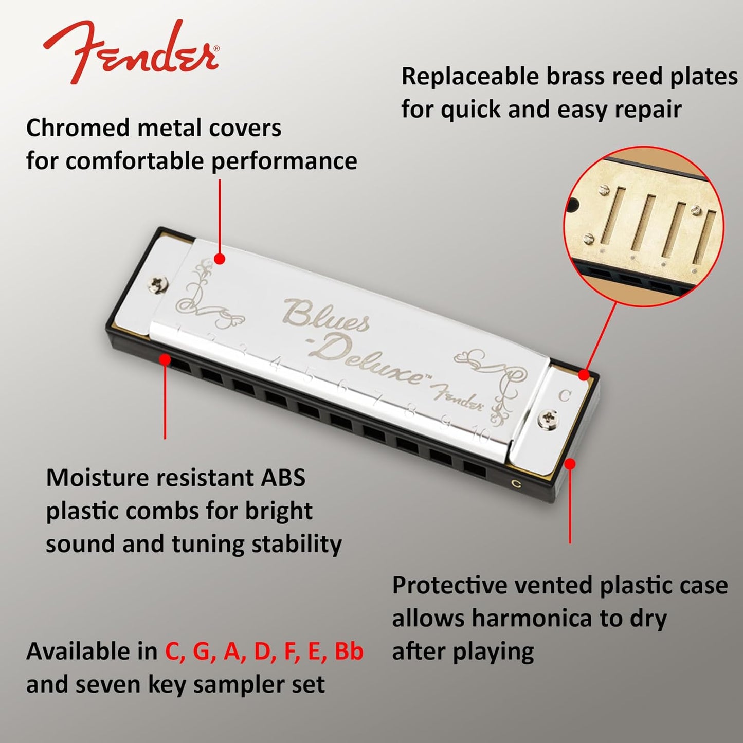 Fender Blues Deluxe Harmonica - Key of C Bundle with Carrying Case, Austin Bazaar Online Manual, and Polishing Cloth