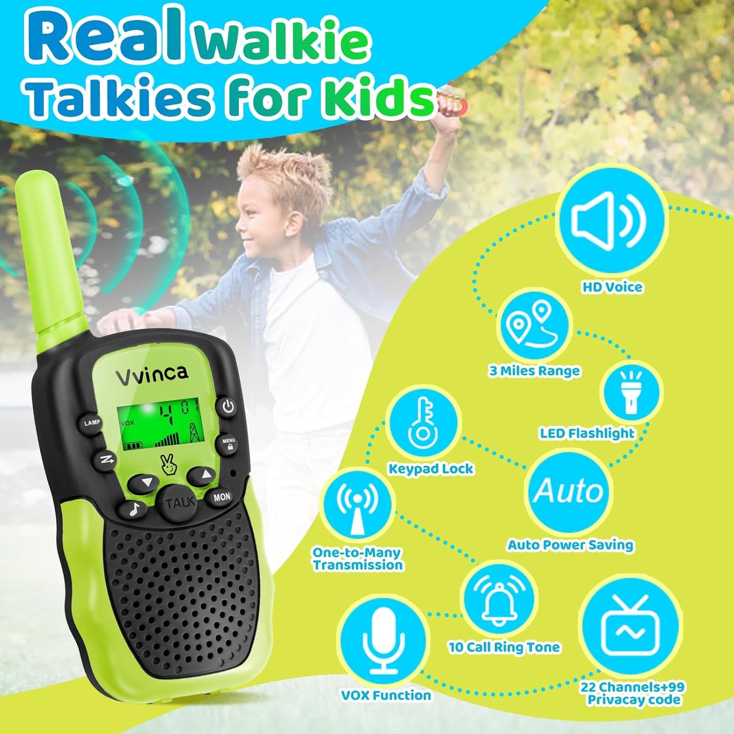 Vvinca Walkie Talkies for Kids Rechargeable 3 Pack, Toys for Boys Girls Age 3-13 Ourdoor Camping Birthday Gift, 3KM Long Range Walkie-Talkie 2 Way Radios 22 CH VOX with Li-ion Battery Flashlight