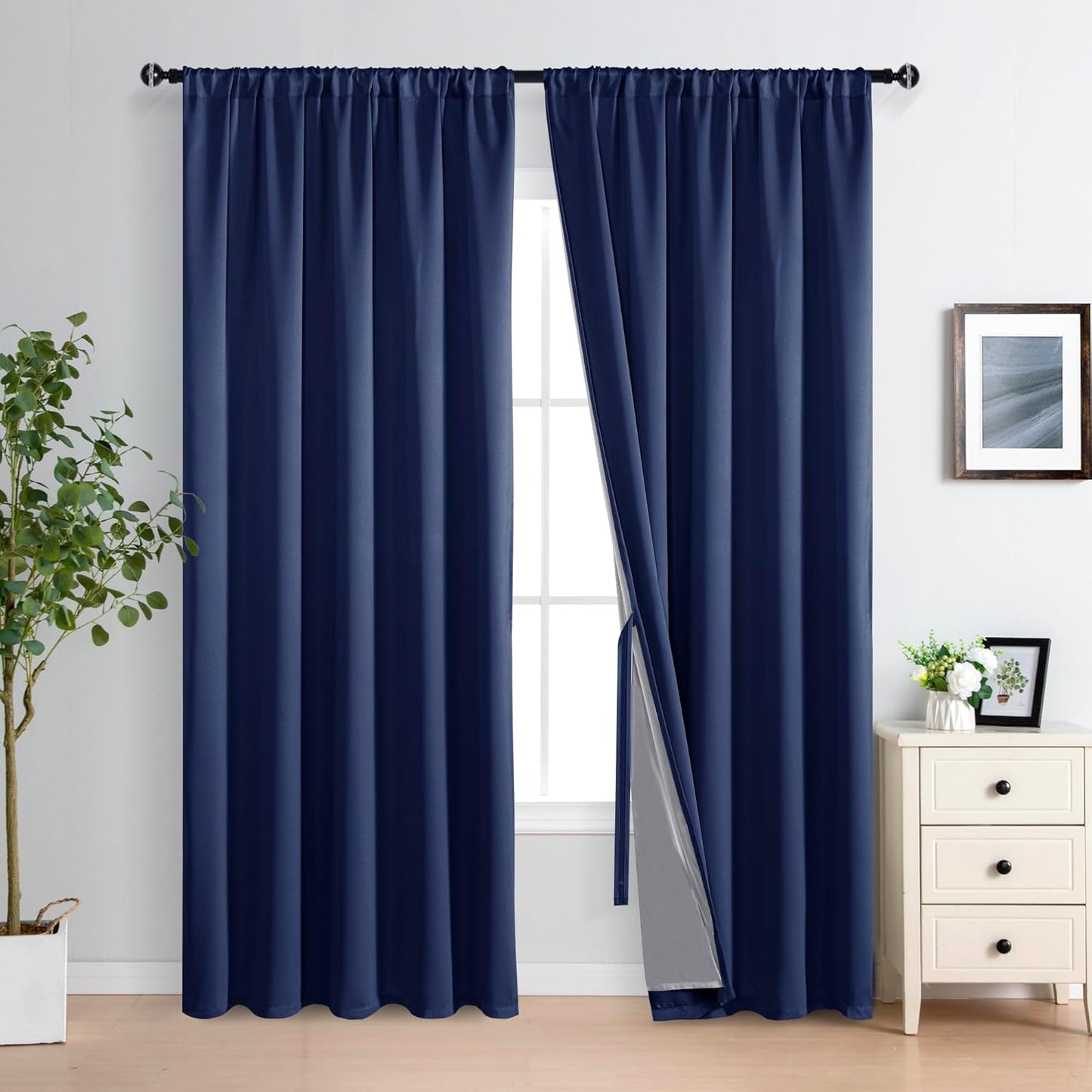 XWZO 100% Blackout Curtains 2 Panels with Tiebacks- Heat and Full Light Blocking Window Panels for Bedroom, 84 Inches Long Rod Pocket Thermal Insulated Draperies, Navy Blue, W70 x L84, Set of 2