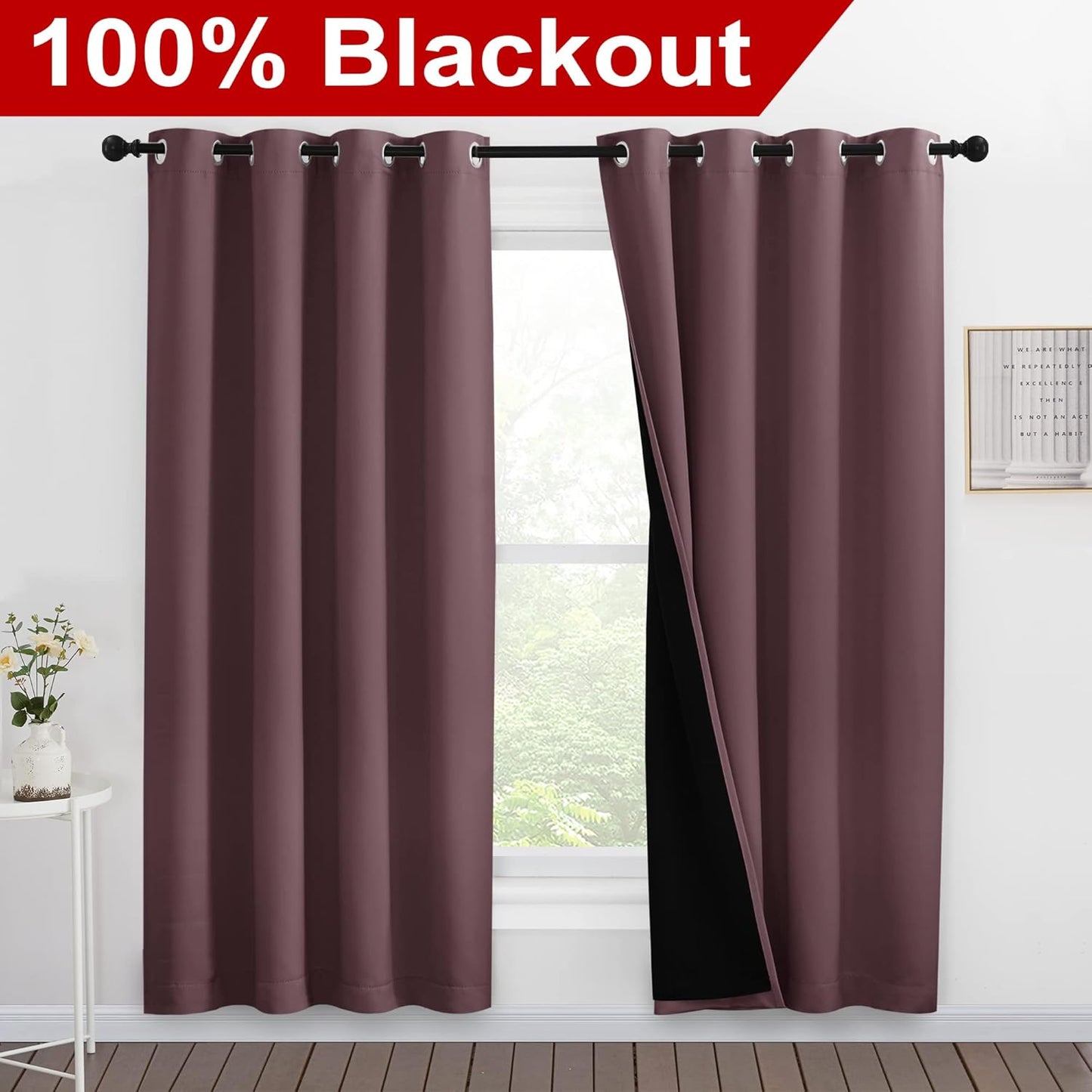 NICETOWN Living Room Completely Shaded Draperies, Privacy Protection & Noise Reducing Ring Top Drapes, Black Lined Insulated Window Treatment Curtain Panels (Dry Rose, 2 Pieces, W55 x L78)