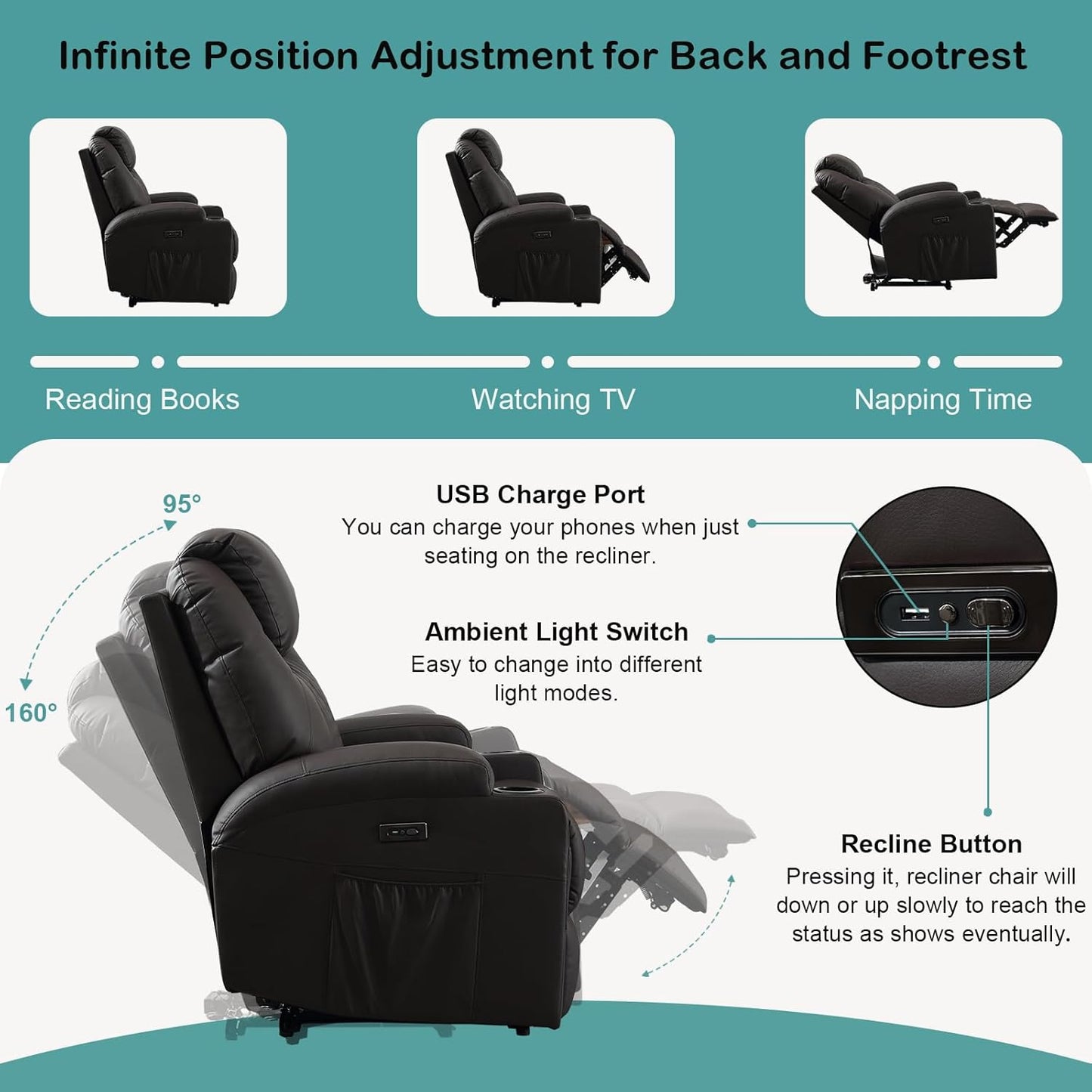 Power Recliner Chair with Heat and Massage for Adults - Home Theater Seating with LED Lights,Cup Holders,Side Pocket,USB Port - Recliner Sofa for Living Room(Brown, Single Recliner)