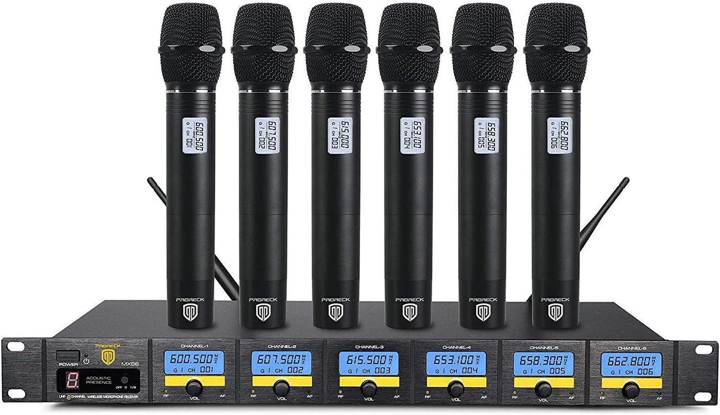 PRORECK MX66 6-Channel UHF Wireless Microphone System with 6 Hand-held Microphones Karaoke Machine for Party/Wedding/Church/Conference/Speech