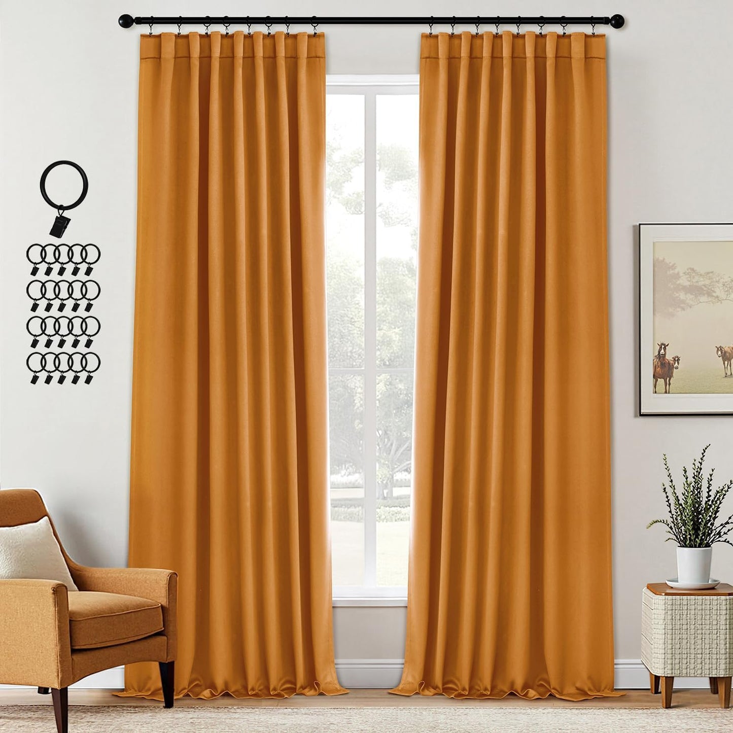 ANRODUO Back Tab Blackout Curtains for Bedroom Living Room, Rod Pocket Pinch Pleated Thermal Insulated Room Darkening Curtains 96 Inches Long 2 Panels, Mustard Yellow, 42 x 96 Inch