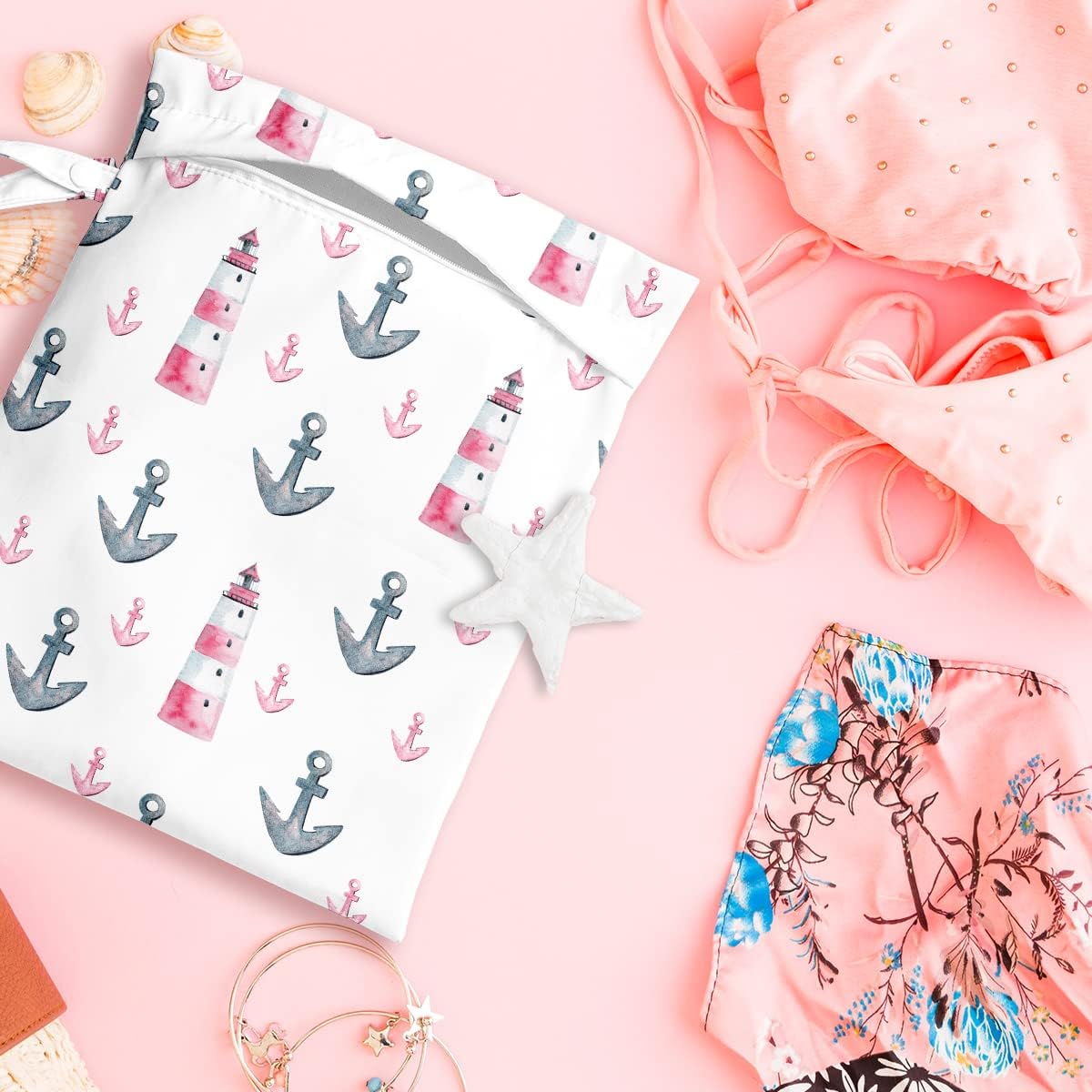 Wet Bag, Wet Dry Bag, Wet Bag for Swimsuit, Travel, Beach, Pool, Diapers, Dirty Yoga Gym Clothes, Makeup Bag, Waterproof Reusable Beach Bag Ocean Decor Starfish Sea Horse Anchor