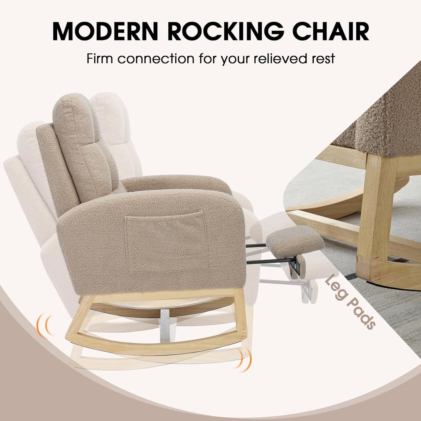 NIOIIKIT Modern Nursery Rocking Chair, Teddy Upholstered Rocking Chair with Footrest, Comfortable Rocker Chair with Side Pocket, Rocker Chair for Living Room, Bedroom, Nursing Room (Brown)