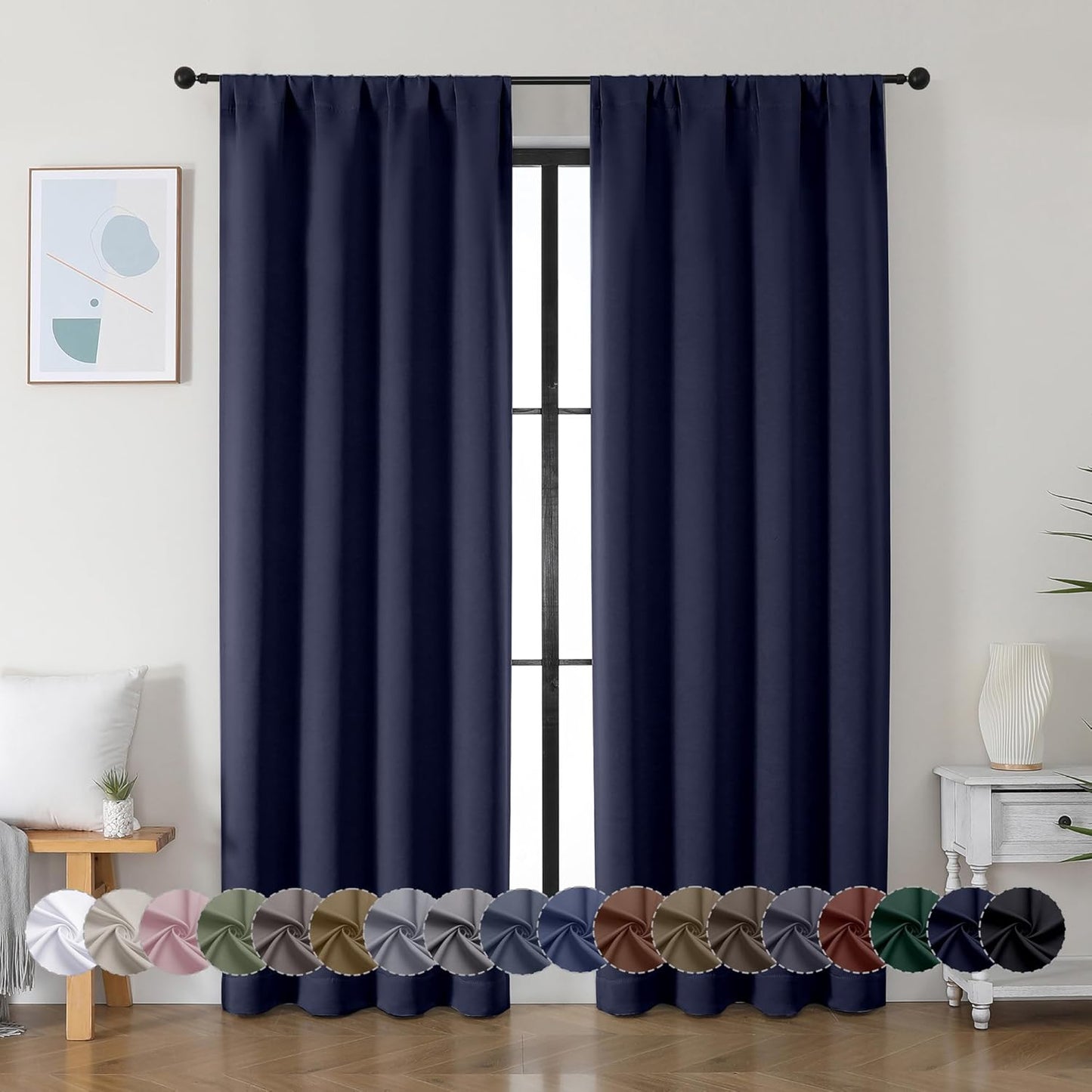 Simplebrand Ava Navy Blue Blackout Curtains for Bedroom - 72 Inch Length x 40 Inch Width, Privacy Insulated Thermal Rod Pocket Panels