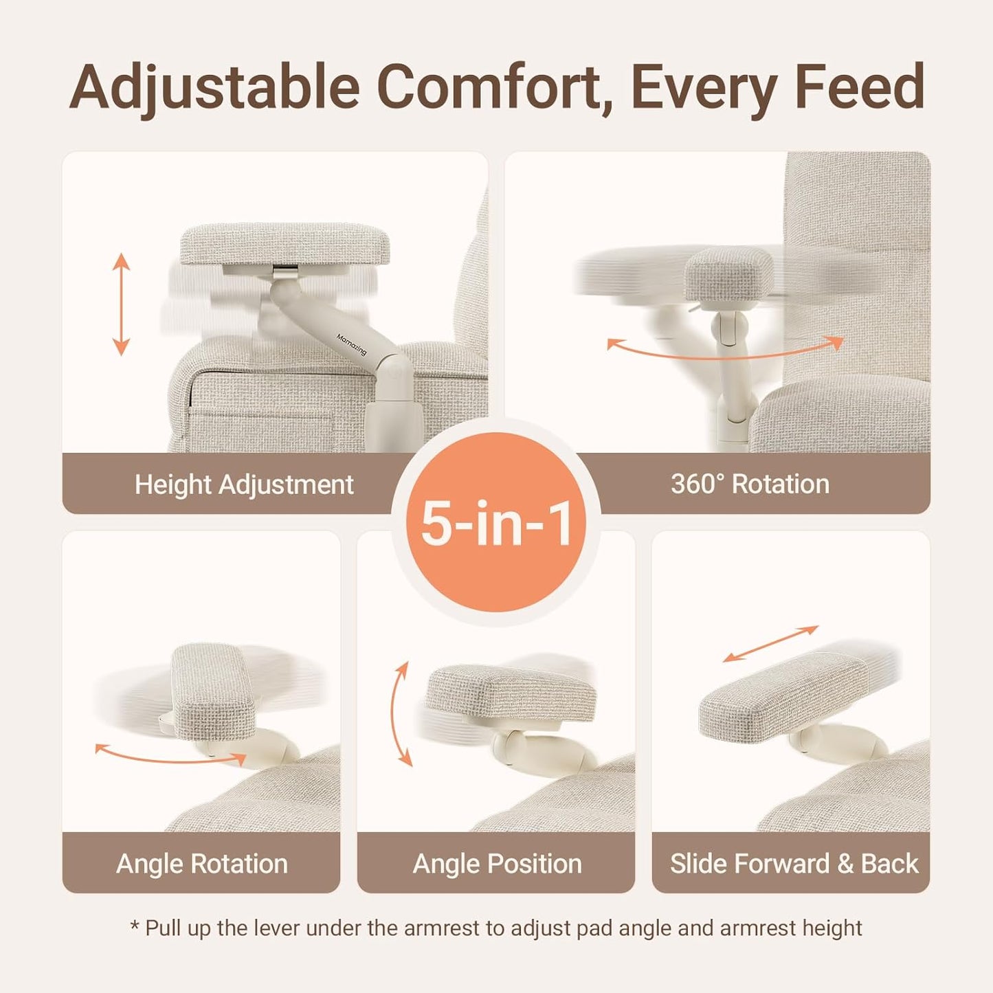 Nursery Swivel Glider Recliner Chair with Adjustable Armrests & Headrest, Rocking Chair Nursery with Removable Cover for Breastfeeding, FSC & Oeko-TEX Certified, Beige