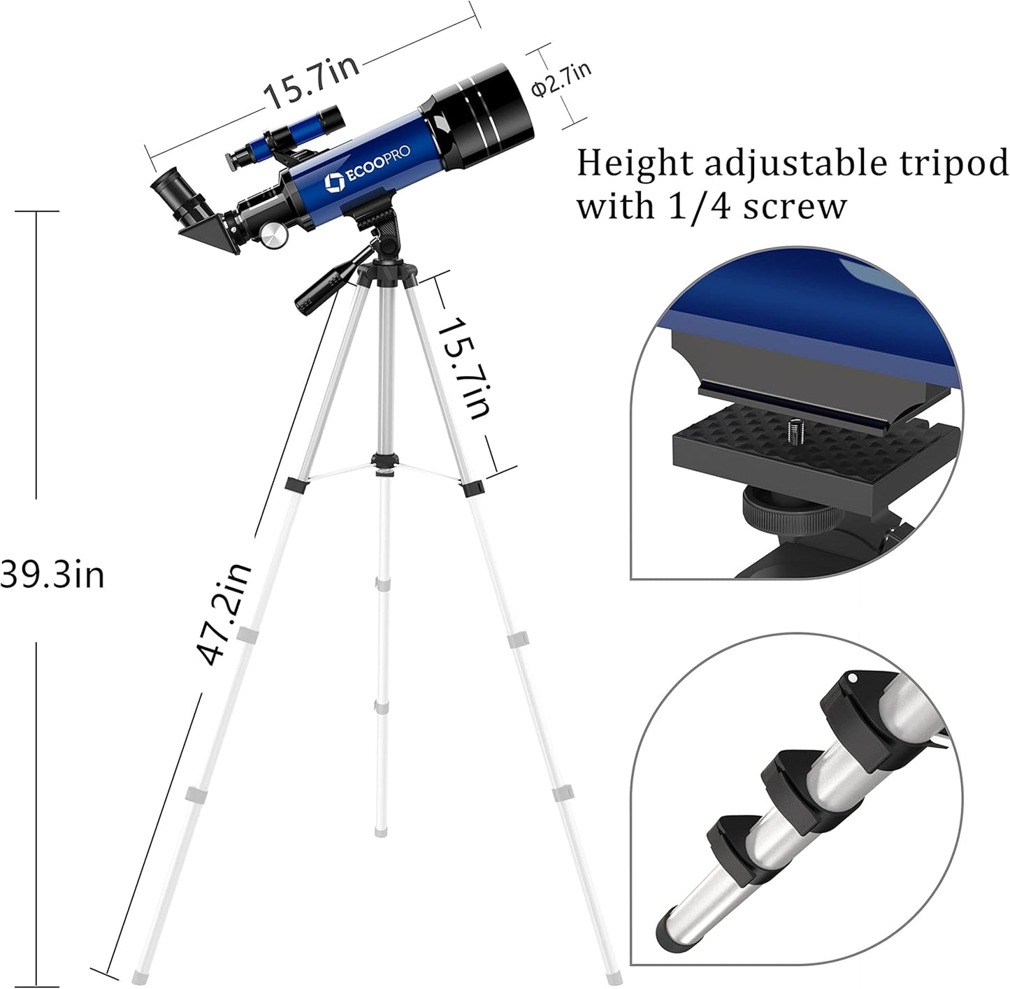 Telescope for Kids & Adults Beginners, 70mm Astronomy Refractor Telescope with Adjustable Tripod, Portable Telescope for Moon & Planet Viewing, Includes 2 Eyepieces & Finder Scope