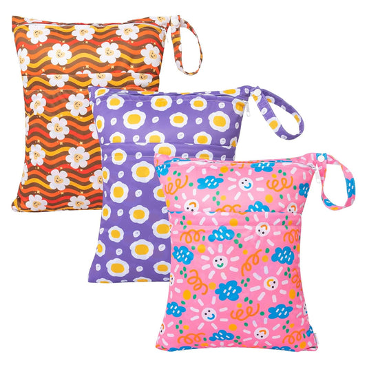 babygoal Wet Dry Bags for Baby Cloth Diapers, Washable Travel Bags, Beach, Pool, Gym Bag for Swimsuits & Wet Clothes with Two Zippered Pockets 3 Pack 3LN07