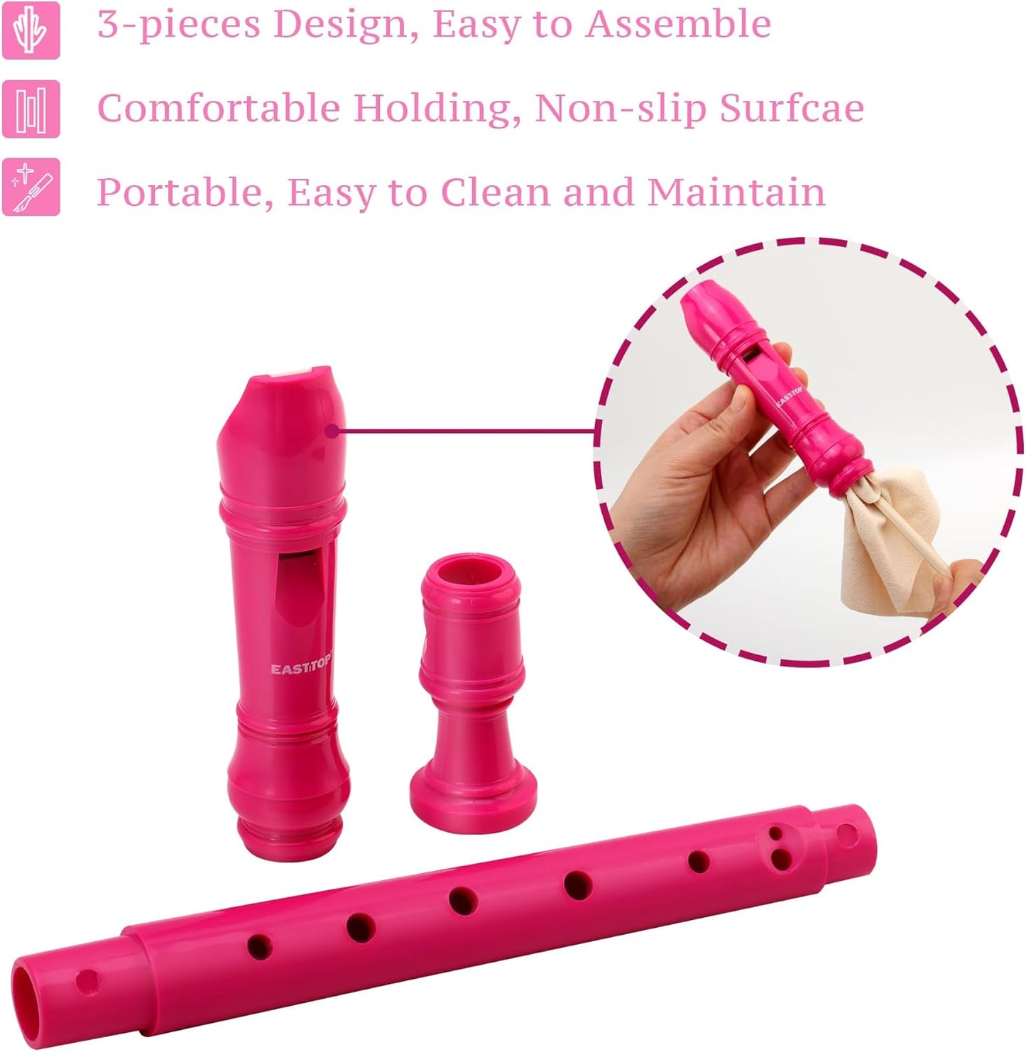EAST TOP Soprano Recorder for Kids Beginners, 8 Hole Plastic German Fingering Flute Recorder 3 Piece with Cleaning stick, Cotton pouch, Fingering Chart, Colorful box (Hot Pink)