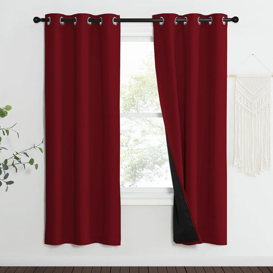 NICETOWN 100% Blackout Curtains with Black Liner Backing, Thermal Insulated Curtains for Living Room, Noise Reducing Drapes for Christmas, Burgundy Red, 37" x 70" Per Panel, Set of 2