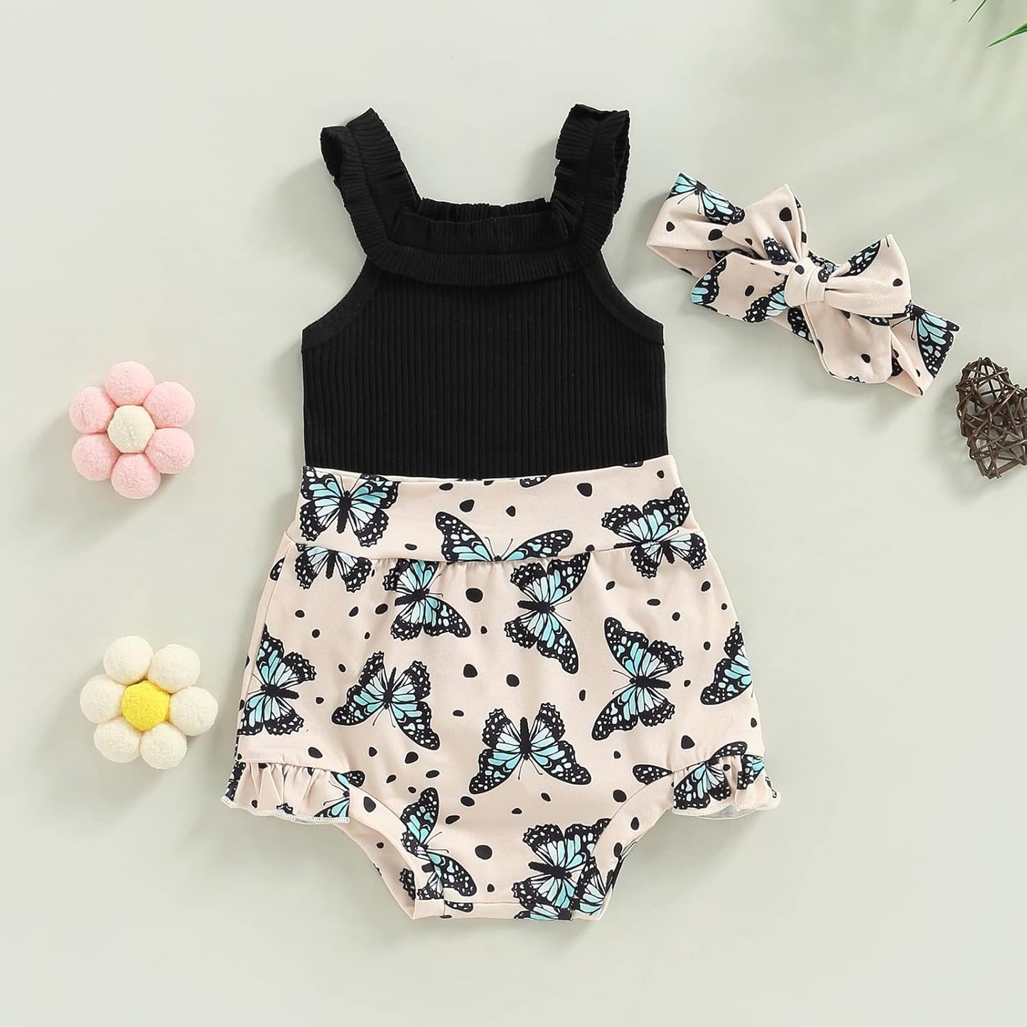 fhutpw Baby Girl Clothes Summer Cute Outfits 3 6 12 18 Months Spaghetti Strap Romper & Floarl Shorts Sets