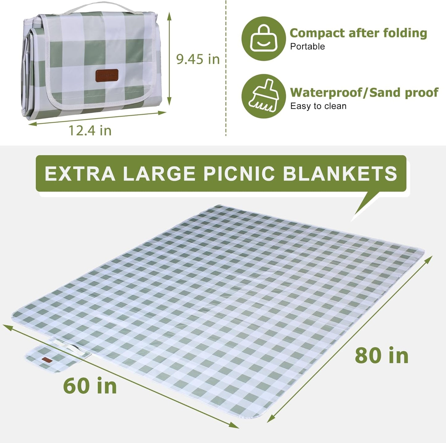 80"x60" Waterproof Sandproof Picnic Mat - Portable Foldable Outdoor Blanket for Beach, Park, Travel & Indoor Use - Lightweight Compact Design, Easy-Carry (Green&White)