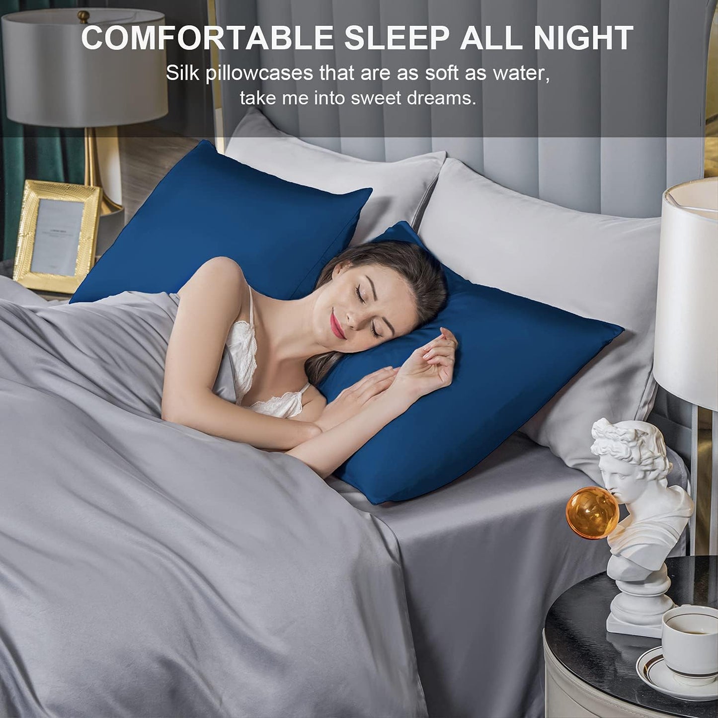 Mulberry Silk Pillowcase for Hair and Skin,Standard Size Cooling Silk Pillow Case with Hidden Zipper,Allergen Proof Dual Sides Soft Breathable Smooth Silk Pillow Cover for Women(Standard,Gem Blue)