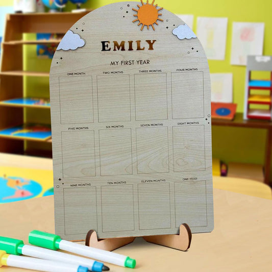 V-DECORPARKS Personalized My First Year Photo Frame | 12 Months Picture Frame For Baby First Year | Displays Twelve 2x3 Pictures | Birthday Party Decor Newborn Memory Keepsake